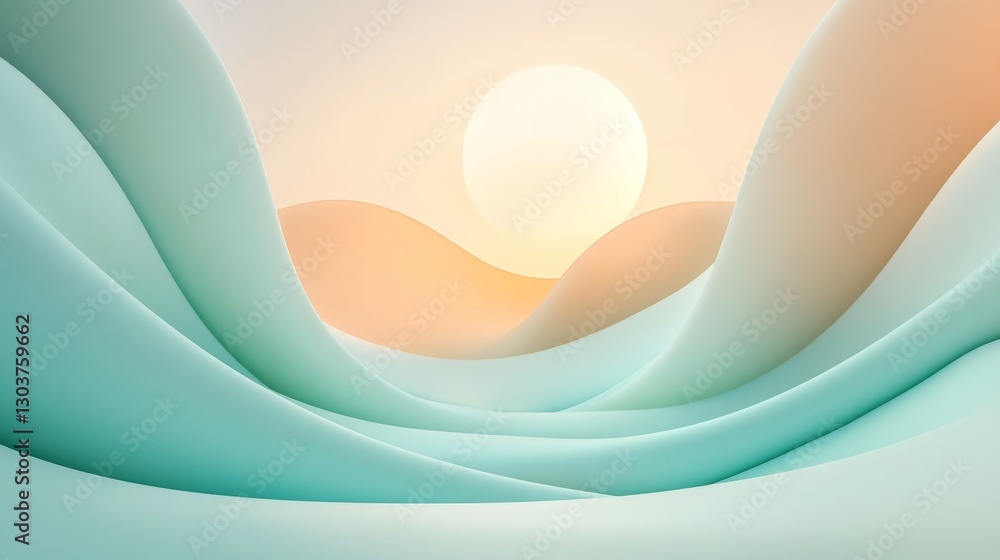 Poster abstract pastel landscape with undulating forms and a celestial orb