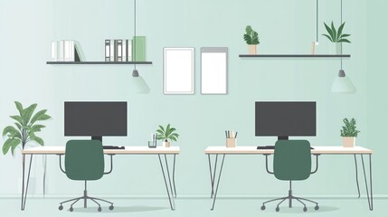 Fototapeta premium Modern minimalist office workspace with two desks, plants, and shelves. Ideal for showcasing productivity and interior design