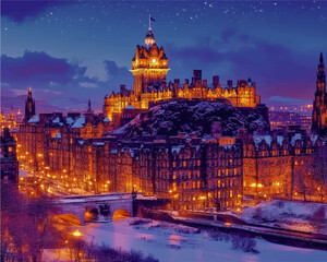 Fototapeta premium Majestic Winter Evening in Edinburgh: Illuminated Castle, Historic Streets, Snow-Capped Buildings, Skyline, Starry Night in Beautiful Scotland Vector Art