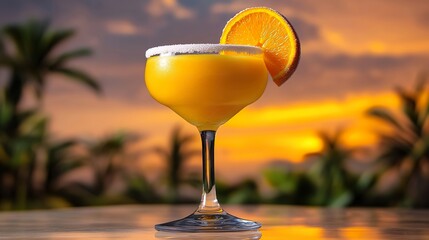 Vibrant orange mango daiquiri in a coupe glass, garnished with a sugar-coated orange slice and positioned against a backdrop of tropical sunset skies.
