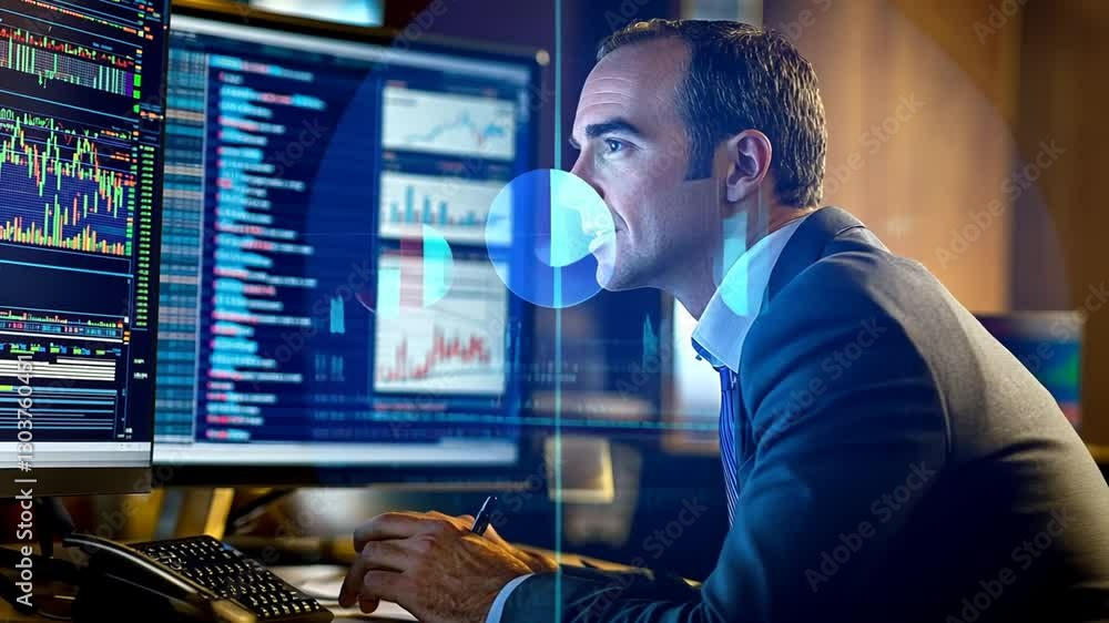 Poster financial analyst examining stock market data on multiple computer screens