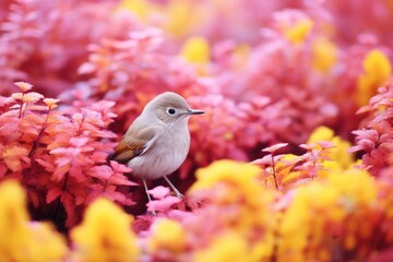 Small gray bird perched among vibrant pink and yellow flowers. Colorful nature scene with tiny songbird in flowering garden. Artistic wildlife photography concept.