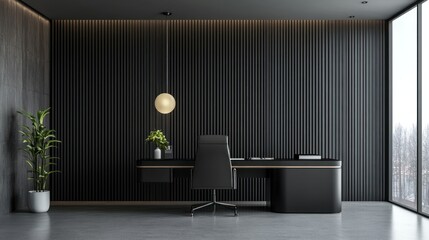 Modern dark office desk interior with city view