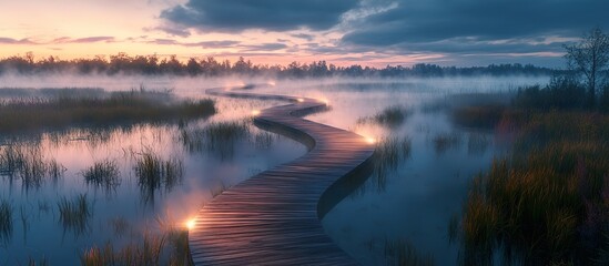 Fototapeta premium Boardwalk snaking through a serene wetland, surrounded by mist and glowing softly under a moody twilight sky.