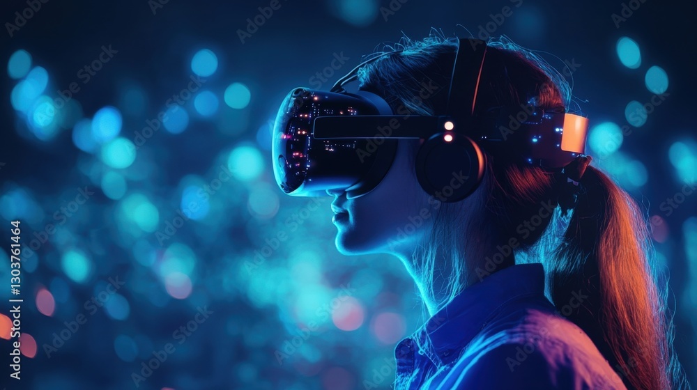 Poster profile of a software engineer experiencing virtual reality using a vr headset, immersed in a vibran