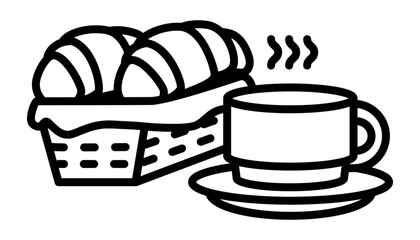 icon of a breakfast scene featuring a steaming cup of coffee or tea and a basket of croissants symbolizing morning meals and bakery items.