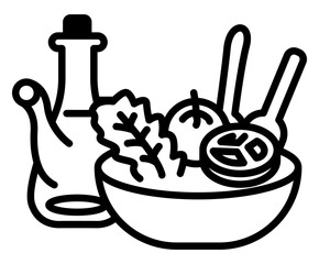 icon depicting a healthy salad bowl with fresh vegetables including lettuce tomatoes and cucumbers alongside a bottle of olive oil.