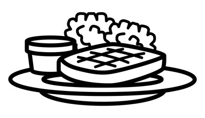 icon meal plate featuring a grilled steak with crisscross grill marks a side of leafy greens and a small dipping sauce container.