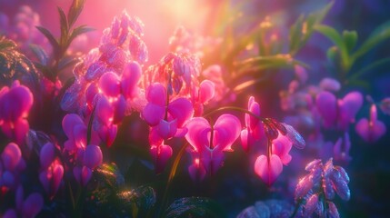 vibrant cluster of Bleeding Heart flowers in full bloom, glowing in the early morning sunlight