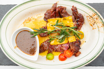 top view French crab baked steak at horizontal composition