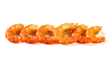 angle view peeled prawns on a white background