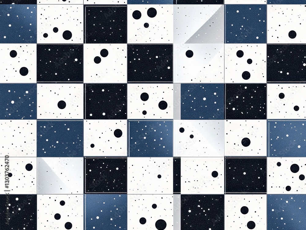 Poster abstract geometric pattern of black and white squares with varying dot sizes, creating depth
