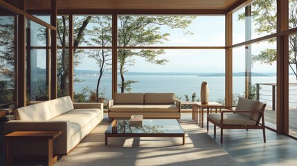 Fototapeta premium Modern Living Room with Lake View