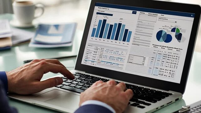 Analyzing financial data charts, graphs on a laptop screen for strategic business decisions