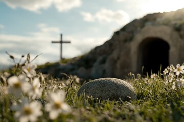 Holy Saturday: cross reflection, tomb of Jesus Christ, solemn remembrance, sacred moment, resurrection anticipation, divine sacrifice, spiritual devotion, biblical event, religious contemplation.