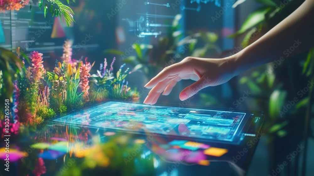 Poster a closeup of hands gesturing over a digital tablet displaying project plans surrounded by colorful p