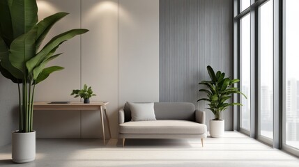 Modern minimalist living room with city view