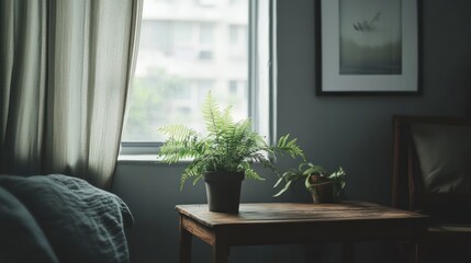 Interior room, fern plant, window view, relaxing atmosphere. Possible stock photo use