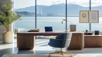 Fototapeta premium Modern executive office overlooking sea, mountains. Possible use Business, lifestyle