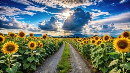Obraz premium Serene Summer Farm Road Surrounded by Blooming Sunflowers Under a Blue Sky in Japan - Perfect for Nature Lovers and Landscape Photography