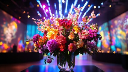 Vibrant bouquet of mixed flowers adds a touch of elegance to a contemporary event space, illuminated by dynamic lighting creating a festive ambiance