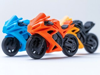 3D printed motorbike toys in vibrant colors for kids