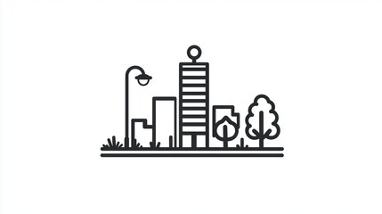 Simple line drawing cityscape with buildings and trees. Suitable for illustrations or background images.