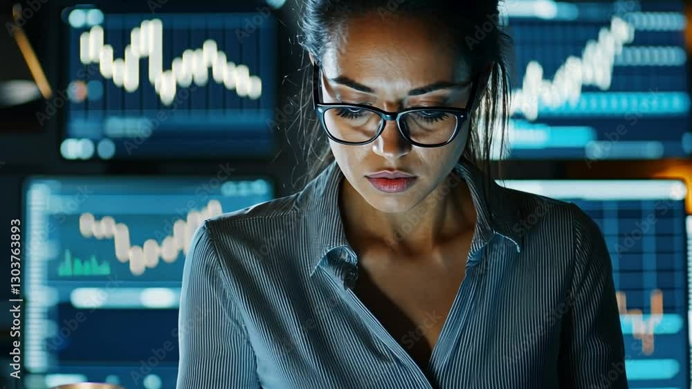 Aufkleber focused young stock trader analyzes real-time data on tablet in office setting