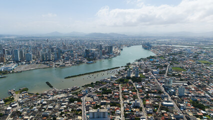 Panoramic aerial view of the city of Itajaí and its bustling port, located in the state of Santa Catarina, Brazil.