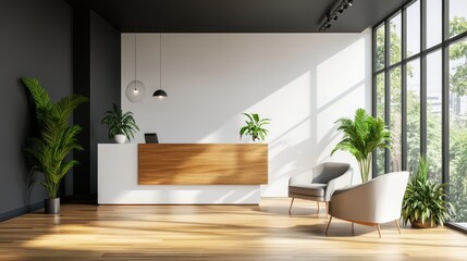 Modern reception area with natural light, comfortable seating, ideal for a business or clinic