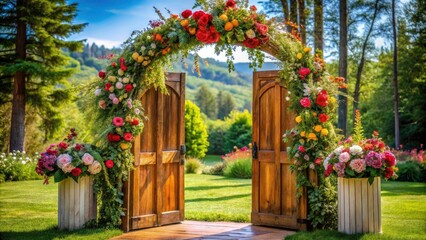 Stunning Outdoor Wedding Venue with Flower-Decorated Wooden Arch - Perfect for Romantic Ceremonies and Beautiful Celebrations