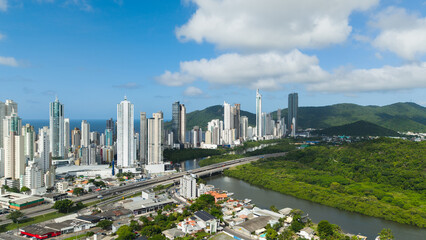 Close-up view of Barra Sul in Balneário Camboriú, Brazil, featuring the famous BR-101 highway that runs along the entire Brazilian coastline.