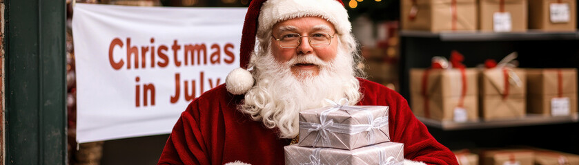 Christmas in July Santa. Santa Claus with gifts at a festive Christmas in July event.