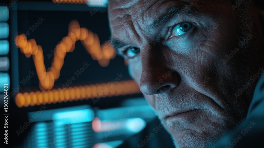Aufkleber a closeup of the investors face illuminated by the glow of multiple monitors reflecting charts and c