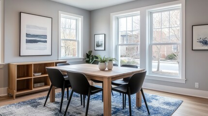 Modern dining room with large windows, overlooking a quiet neighborhood.  Suitable for interior design, home decor, or real estate