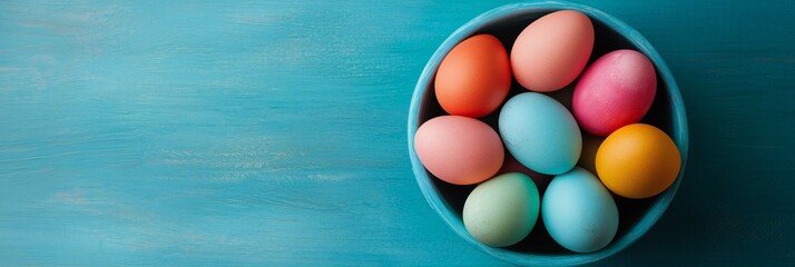 Easter Holiday, Easter Concept, Colorful Easter Eggs in Teal Bowl on Blue Wooden Background Spring Holiday Decoration