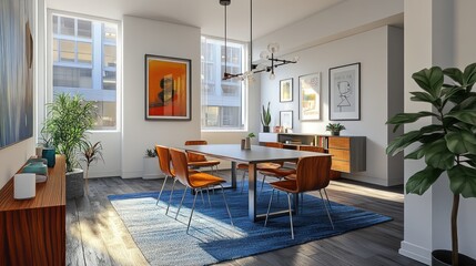 Modern dining room interior with city view. Possible use Stock photo for home decor, apartments, or real estate advertising