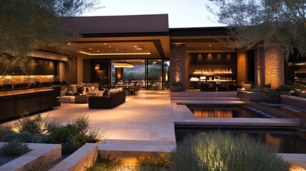 Fototapeta premium Luxury open-concept living space with warm neutral tones, soft lighting, and a beautifully designed outdoor area.