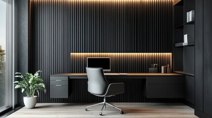Modern dark office workspace with computer (1)