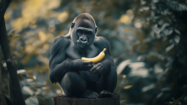 Gorilla holding a banana in a lush tropical forest setting with blurred foliage in the background and gentle sunlight piercing through trees