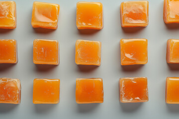 Bright square caramels arranged in a neat grid pattern background