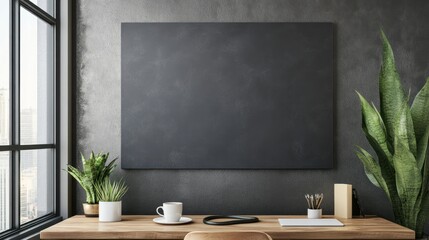 Modern office workspace with blank canvas, city view