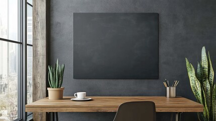 Modern workspace, blank poster, interior design, presentation