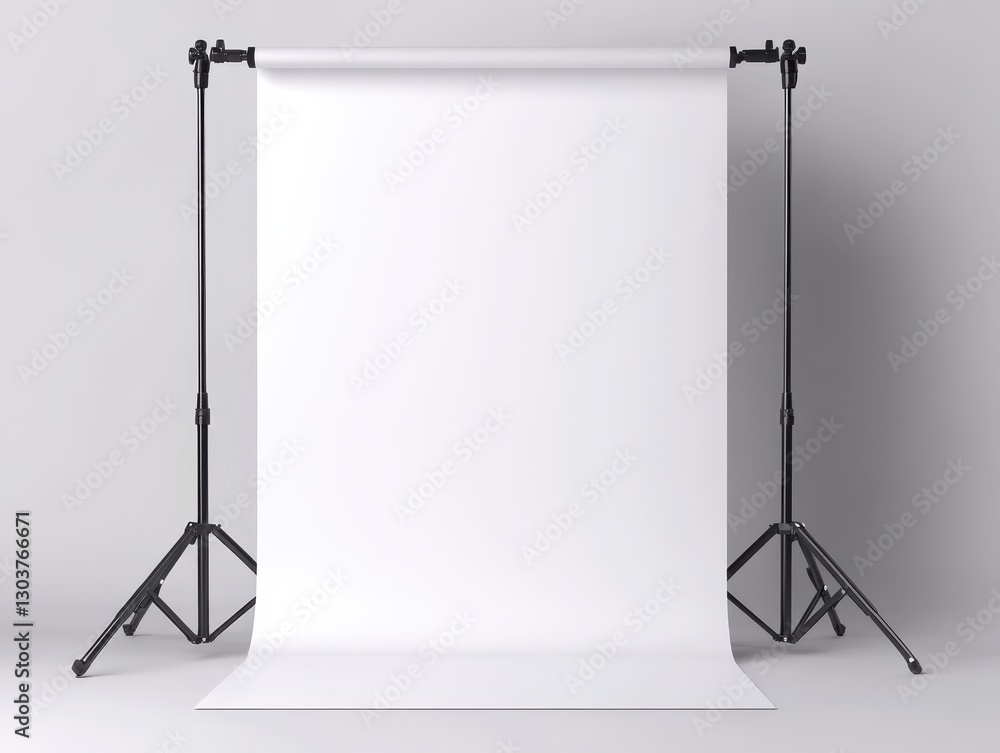 Poster empty photo studio setup with a white backdrop and support stands ready for use