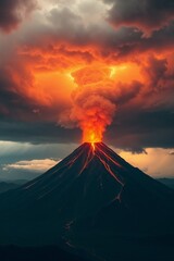 Fototapeta premium Grand epic scene of a volcano under dramatic weather with futuristic style and lens glow lighting