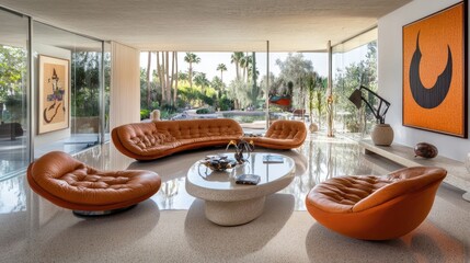 Fototapeta premium Minimalist luxury living room with a spacious open layout, contemporary furniture, and a beautiful patio view.