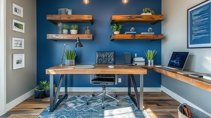 Modern Home Office with Wooden Desk and Blue Walls