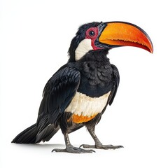 Obraz premium A colorful toucan with a large orange beak stands poised, showcasing its striking black and white plumage against a plain background.