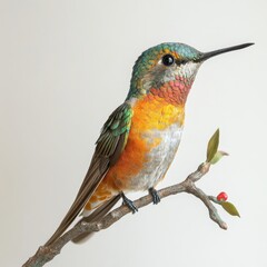 Fototapeta premium A vibrant hummingbird perched on a branch, showcasing its colorful plumage and intricate details against a neutral background.