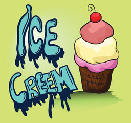 Delicious melting ice cream cone with cherry on top and graffiti lettering